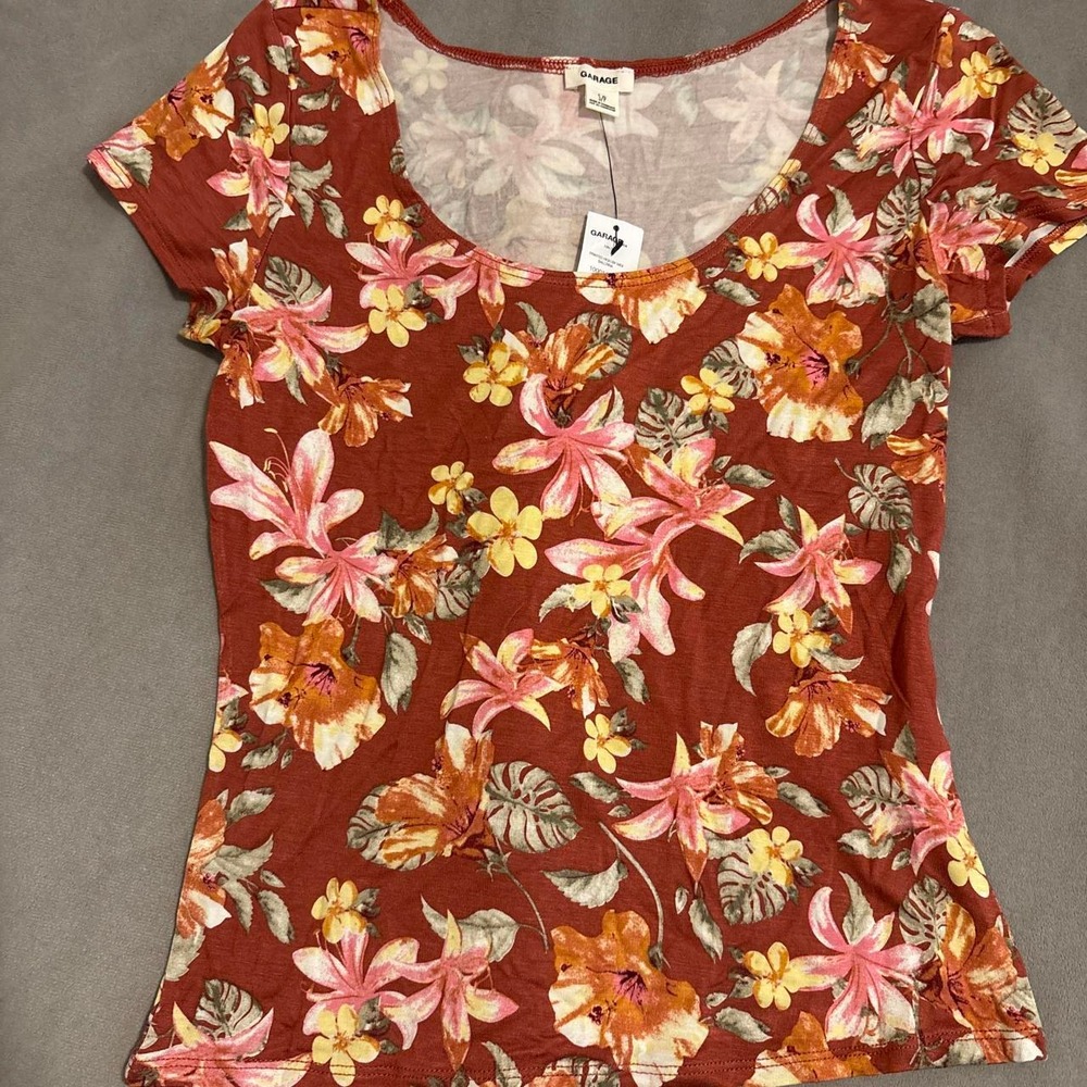 Garage floral blouse with pink, yellow, and orange flowers, size S